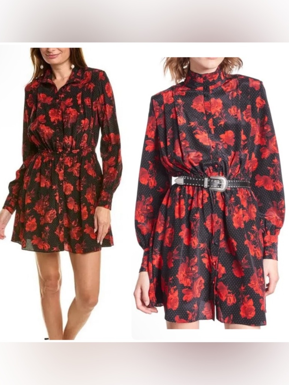 The Kooples SILK Roses & Dots Black Long Sleeve Mini Dress NWT $545